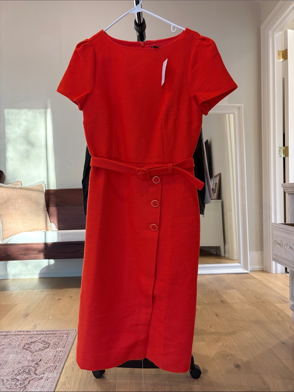 Ann Taylor Red Short-Sleeve Belted Midi Dress